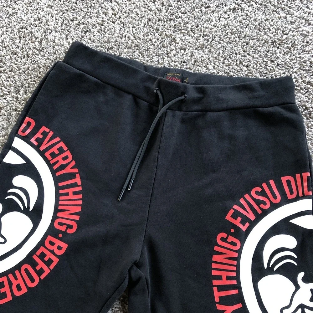Evisu Heritage Jogger Pants Mens Size Large Black Front Logo Sweatpants Trousers